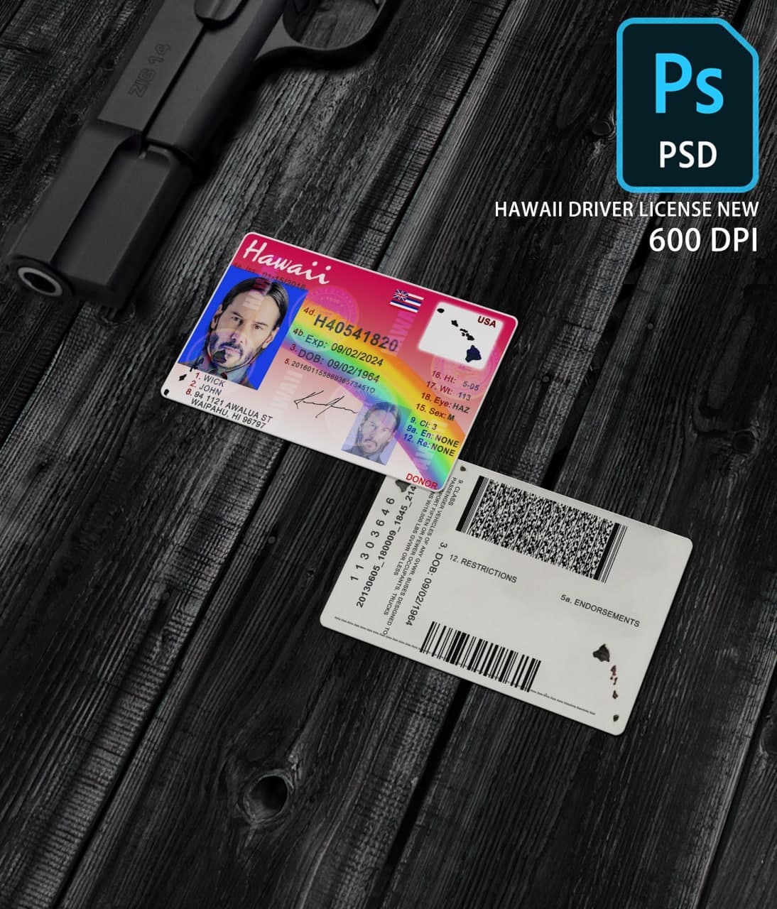 Fake Hawaii Driver License Template US Realistic NEW DL Editable Photoshop Template High Quality Psd scannable
