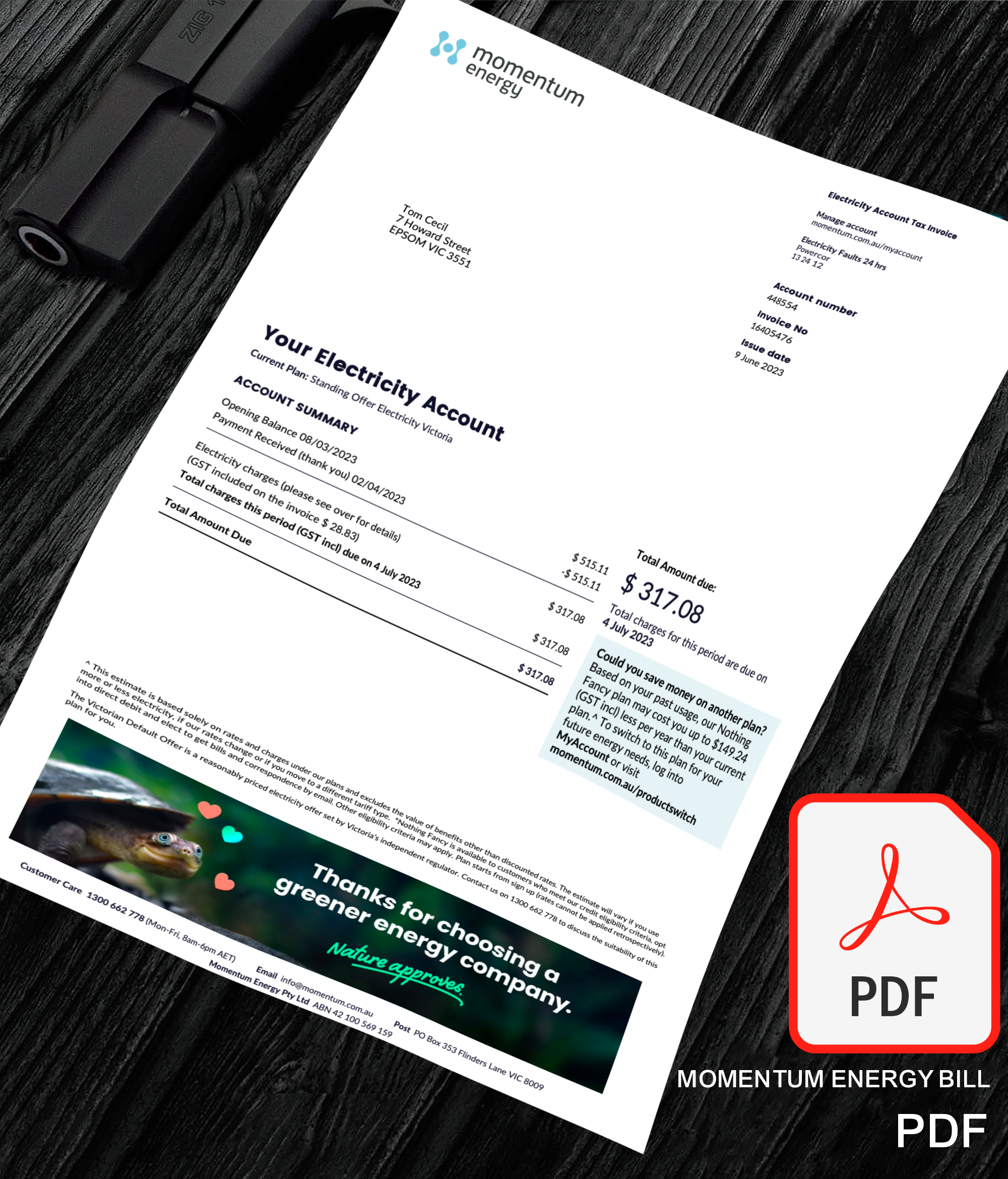 Momentum Energy Australia Utility Bill Template