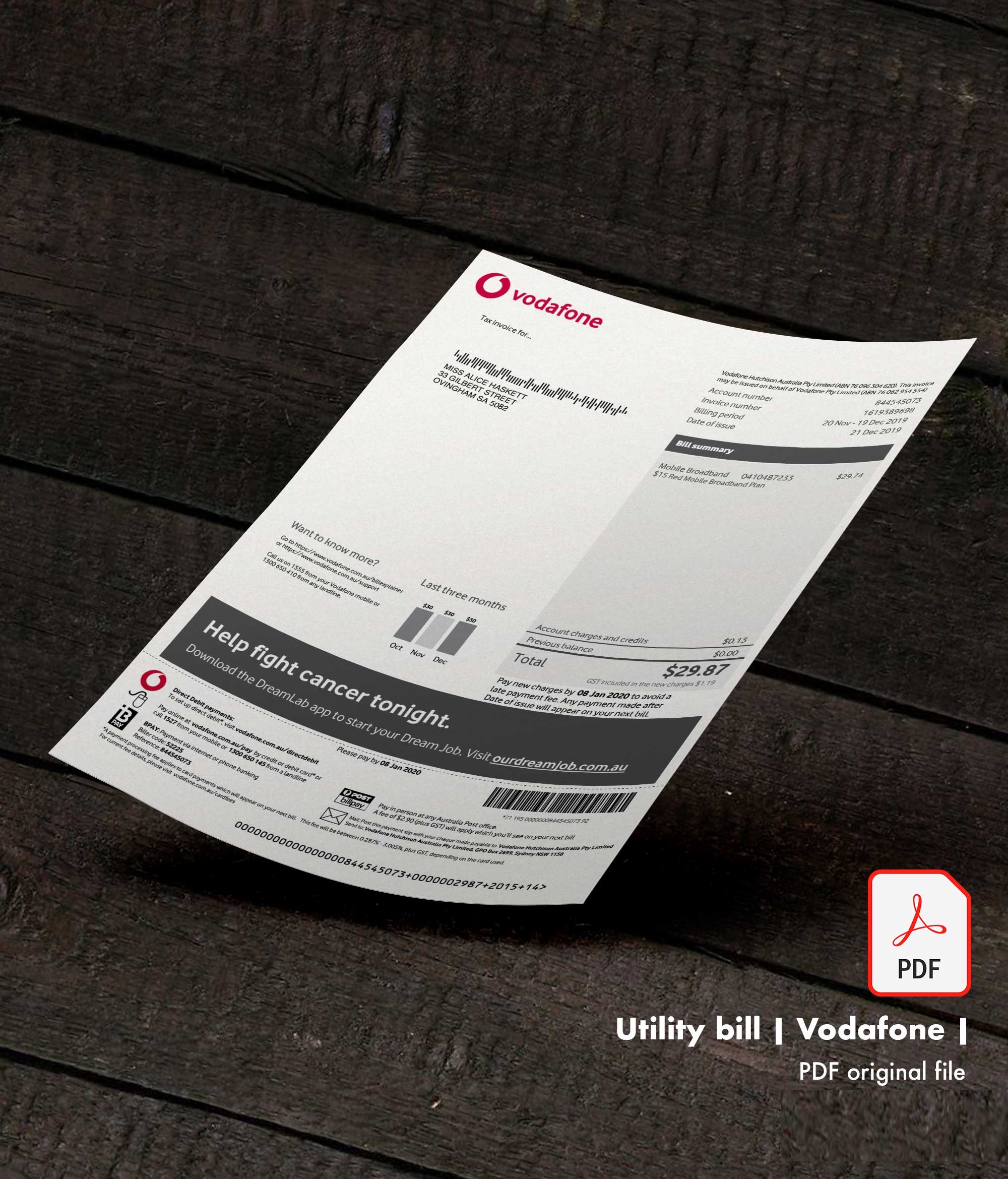 Vodafone Australia Utility Bill Template