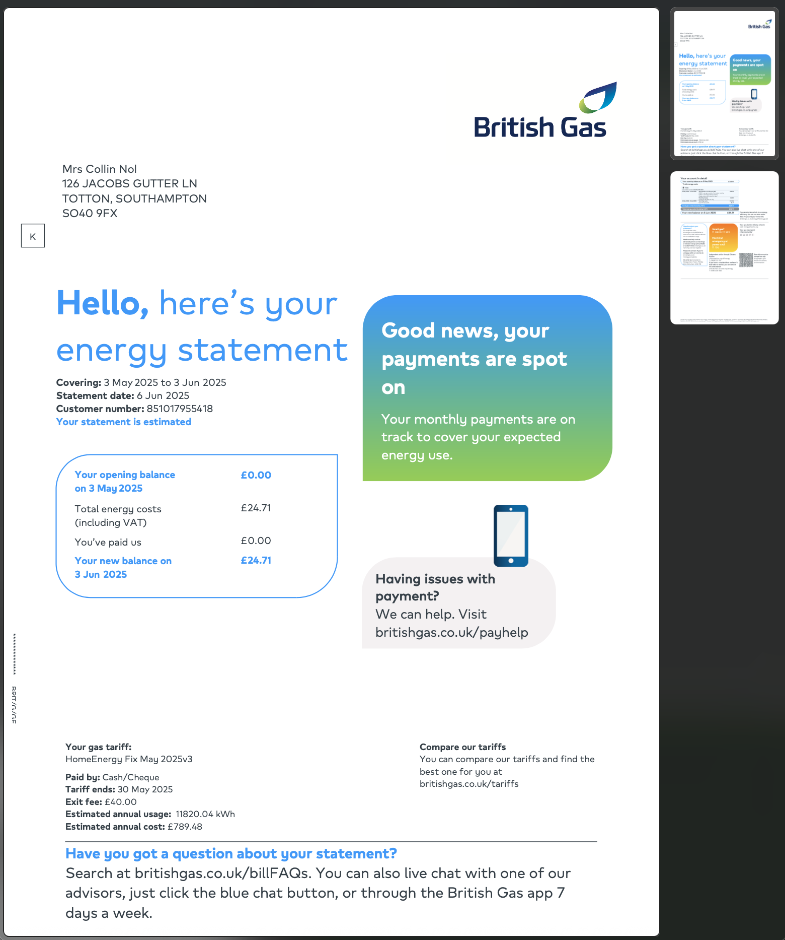 British Gas UK Utility Bill Template