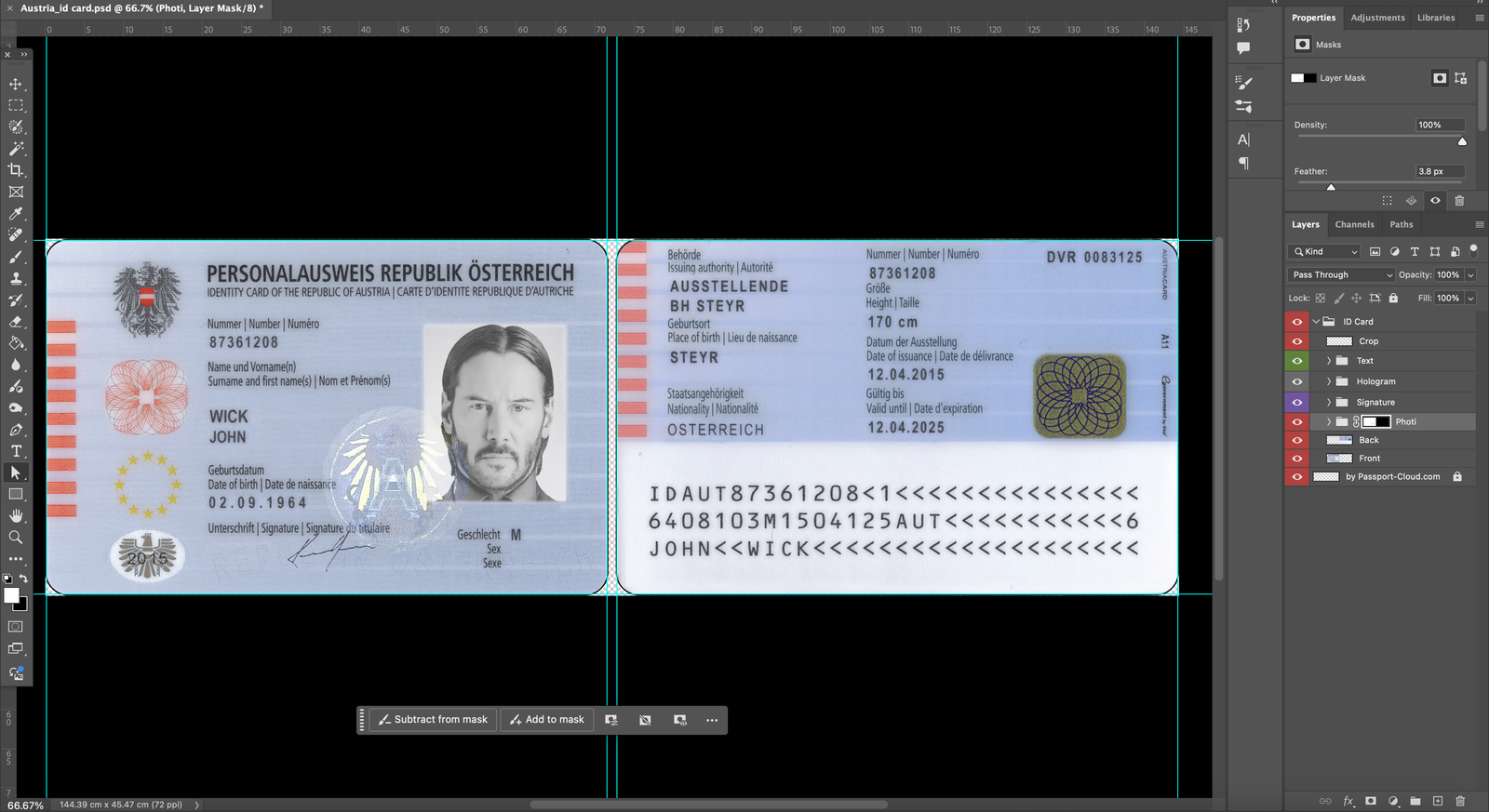 Austria ID Template Psd Card detailed opened in photoshop