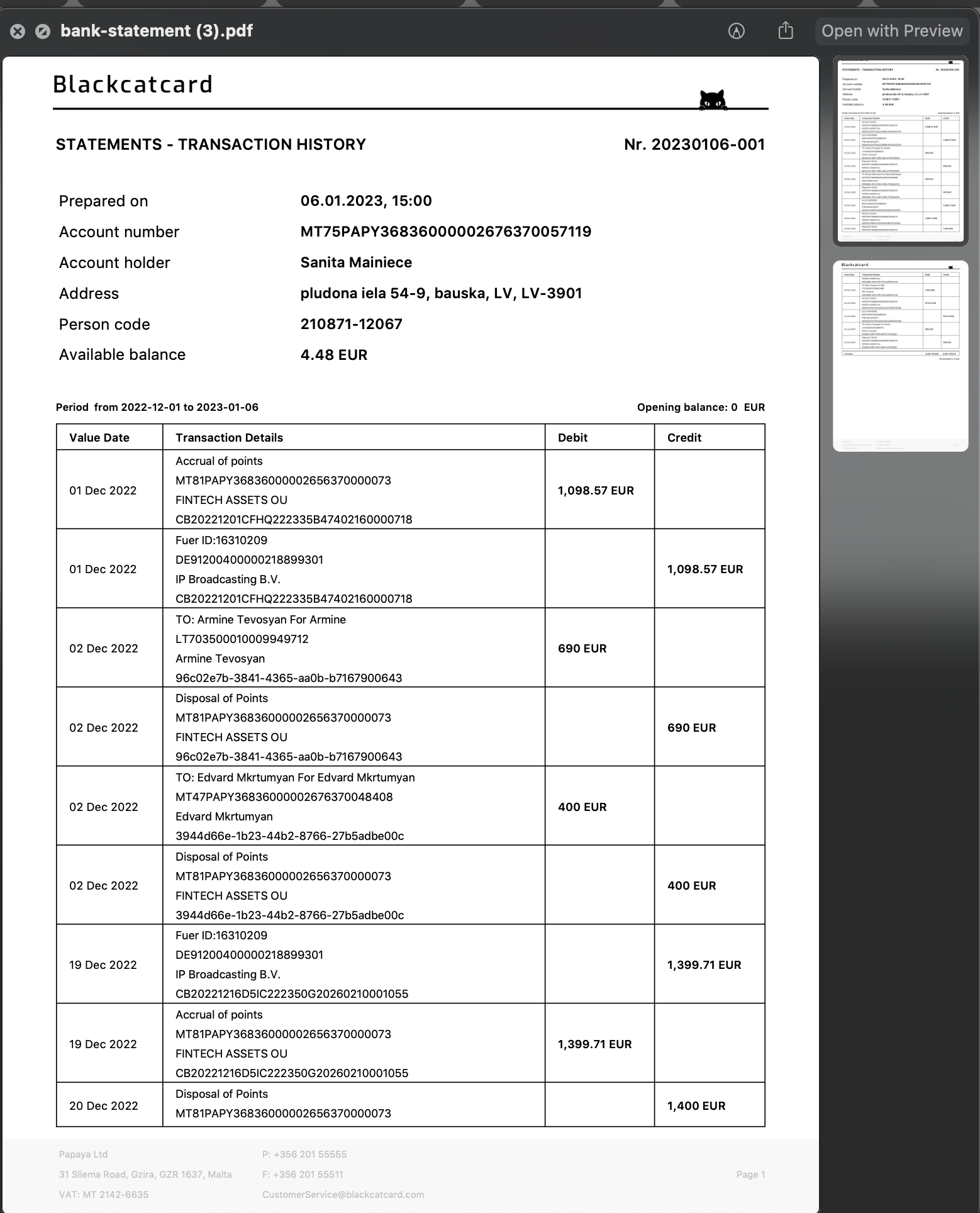 BlackcatCard Statement