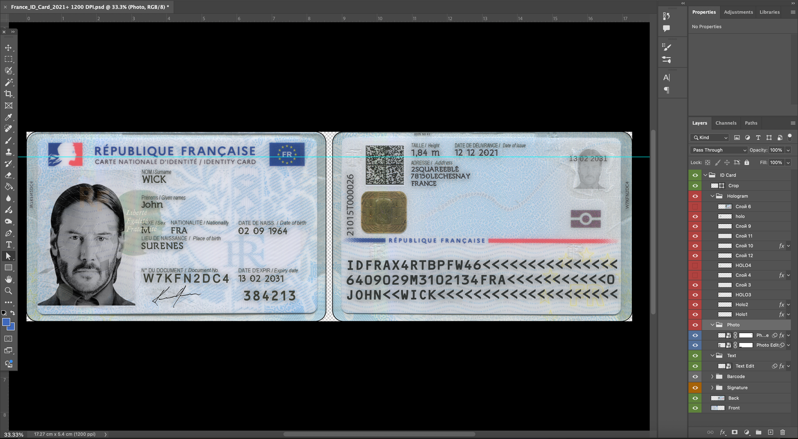 France ID Template Psd New Card 2021 detailed opened in photoshop