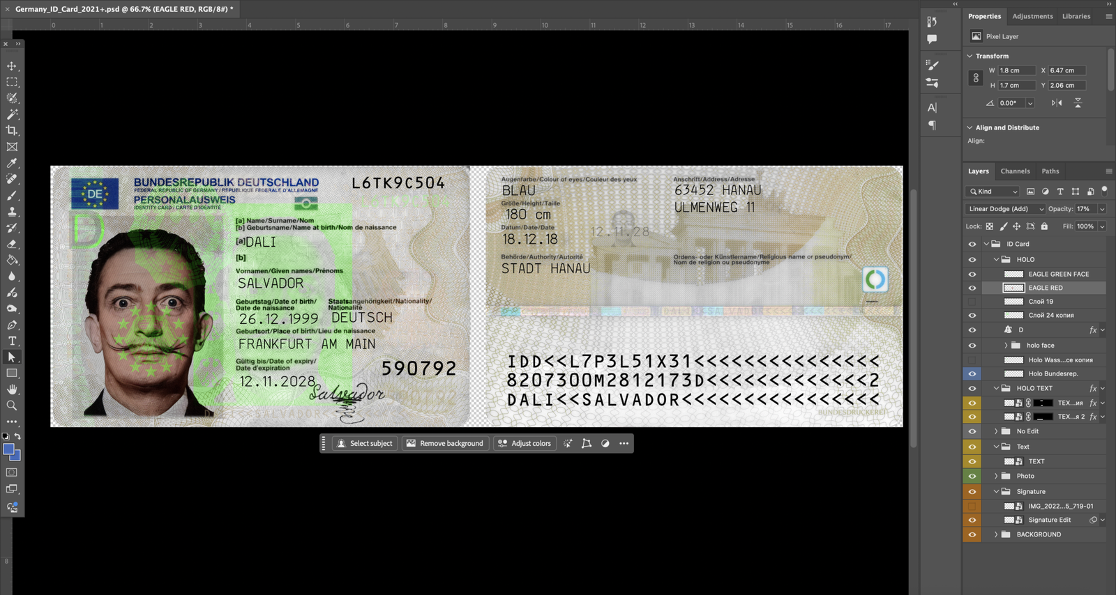 Germany ID Template Psd Card detailed opened in photoshop