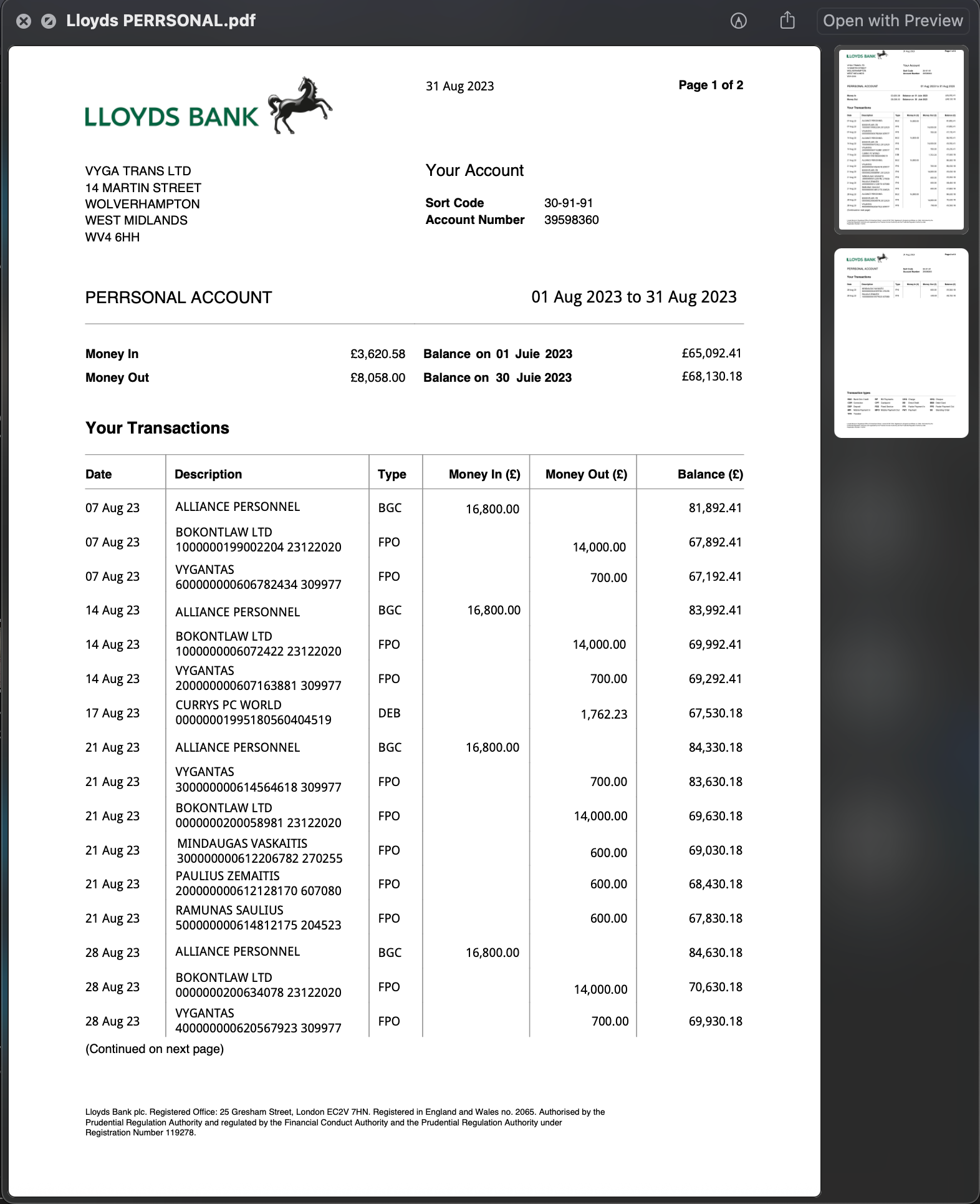 Lloyds bank editable pdf statement template britain UK